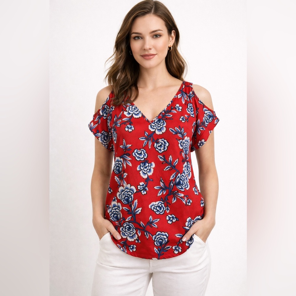 Express blouse, V-neck Short Sleeve, Red Floral, Womens S
